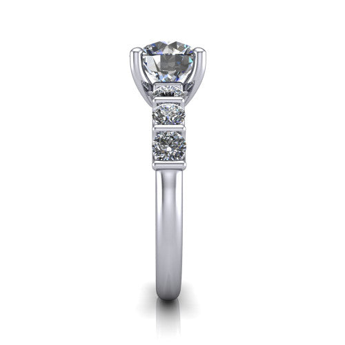 Liora round solitaire engagement ring in 14K White Gold, side profile showing the side accents and polished band