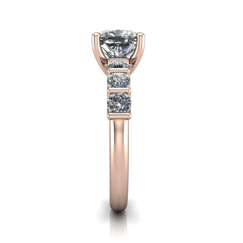 Liora cushion solitaire engagement ring in 14K Rose Gold, side profile showing the side accents and polished band