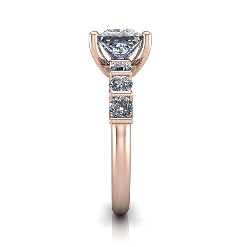Liora princess solitaire engagement ring in 18K Rose Gold, side profile showing the side accents and polished band