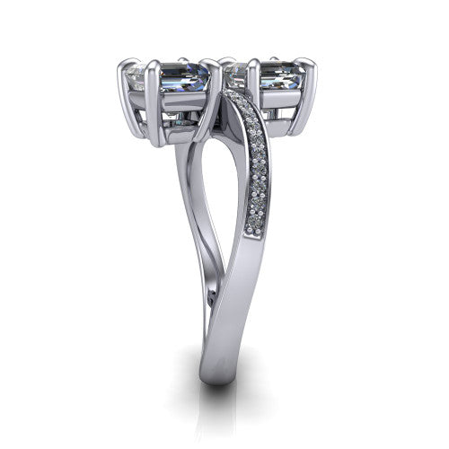 Elowen square emerald two stone engagement ring in Platinum, side profile showing the Toi et Moi pave bypass design