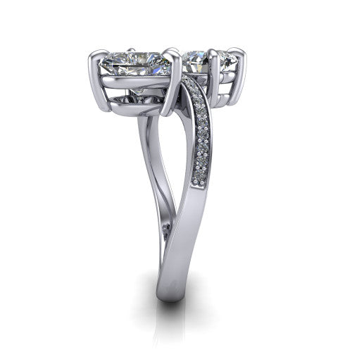 Elowen heart two stone engagement ring in 14K White Gold, side profile showing the Toi et Moi pave bypass design