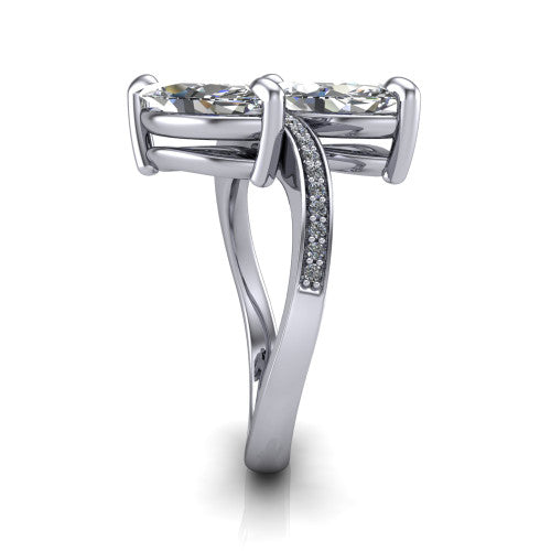 Elowen marquise two stone engagement ring in 18K White Gold, side profile showing the Toi et Moi pave bypass design