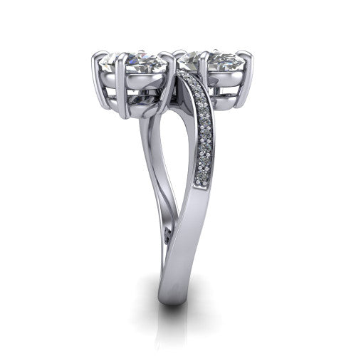 Elowen oval two stone engagement ring in 18K White Gold, side profile showing the Toi et Moi pave bypass design