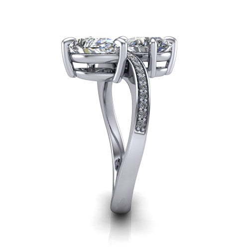 Elowen pear two stone engagement ring in Platinum, side profile showing the Toi et Moi pave bypass design