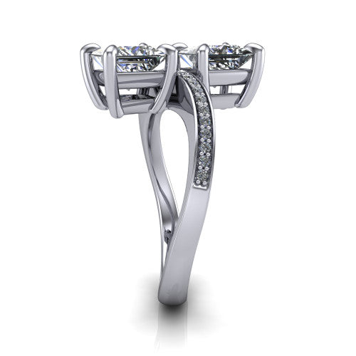 Elowen princess two stone engagement ring in Platinum, side profile showing the Toi et Moi pave bypass design