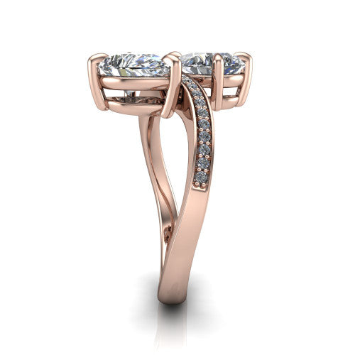 Elowen pear two stone engagement ring in 18K Rose Gold, side profile showing the Toi et Moi pave bypass design