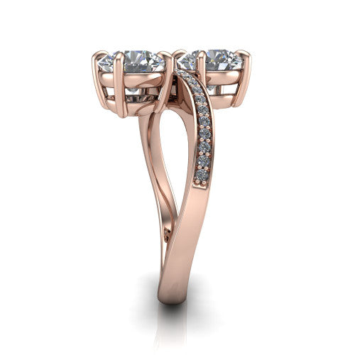 Elowen round two stone engagement ring in 14K Rose Gold, side profile showing the Toi et Moi pave bypass design