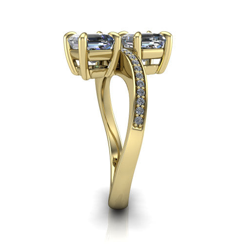 Elowen square emerald two stone engagement ring in 18K Yellow Gold, side profile showing the Toi et Moi pave bypass design