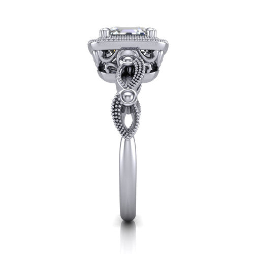 Phoenix square emerald-cut vintage halo engagement ring in Platinum, side profile showing the infinity-twist band with bezel-set accent diamonds