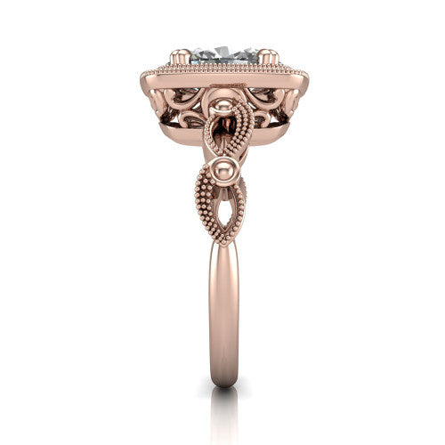 Phoenix oval vintage halo engagement ring in 14K Rose Gold, side profile showing the infinity-twist band with bezel-set accent diamonds