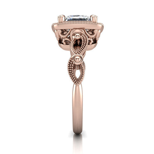 Phoenix princess-cut vintage halo engagement ring in 18K Rose Gold, side profile showing the infinity-twist band with bezel-set accent diamonds