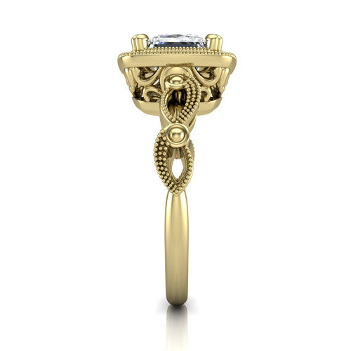 Phoenix princess-cut vintage halo engagement ring in 18K Yellow Gold, side profile showing the infinity-twist band with bezel-set accent diamonds