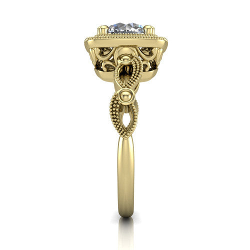 Phoenix round vintage halo engagement ring in 14K Yellow Gold, side profile showing the infinity-twist band with bezel-set accent diamonds