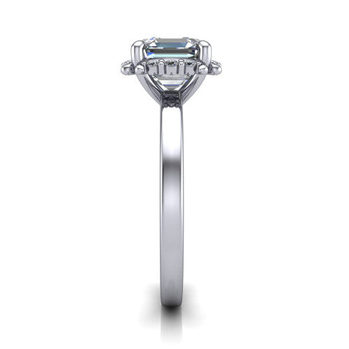 Mckenna square emerald-cut halo engagement ring in Platinum, side profile showing the halo and smooth polished band