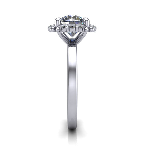Mckenna round halo engagement ring in Platinum, side profile showing the halo and smooth polished band