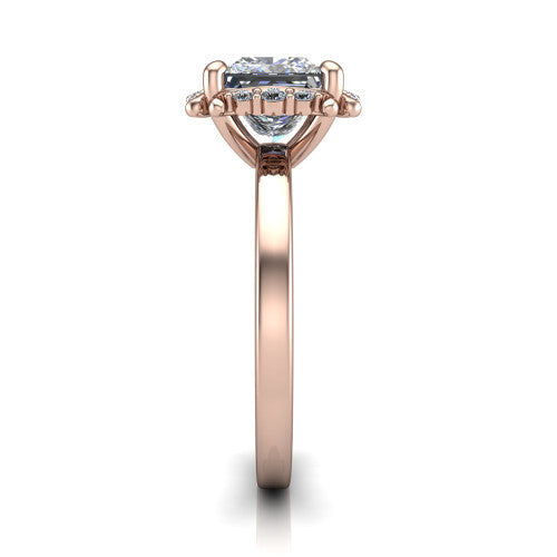 Mckenna princess-cut halo engagement ring in 14K Rose Gold, side profile showing the halo and smooth polished band