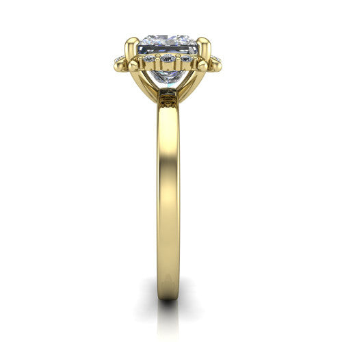 Mckenna princess-cut halo engagement ring in 14K Yellow Gold, side profile showing the halo and smooth polished band