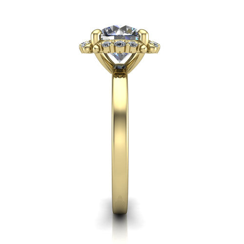 Mckenna round halo engagement ring in 18K Yellow Gold, side profile showing the halo and smooth polished band