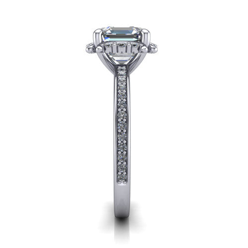 Haven square emerald-cut halo engagement ring in 18K White Gold, side profile showing the pavé halo and pavé band