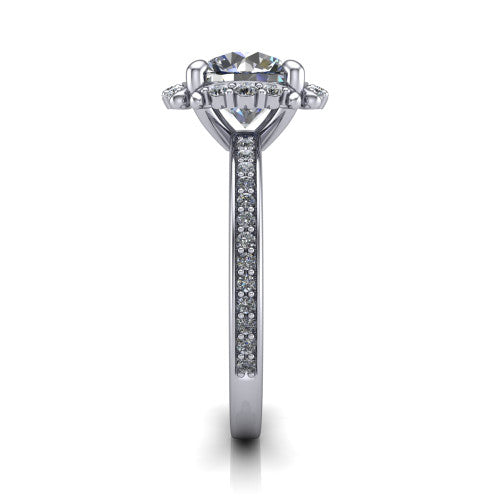 Haven round halo engagement ring in Platinum, side profile showing the pavé halo and pavé band