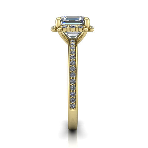 Haven square emerald-cut halo engagement ring in 14K Yellow Gold, side profile showing the pavé halo and pavé band