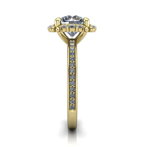 Haven round halo engagement ring in 14K Yellow Gold, side profile showing the pavé halo and pavé band