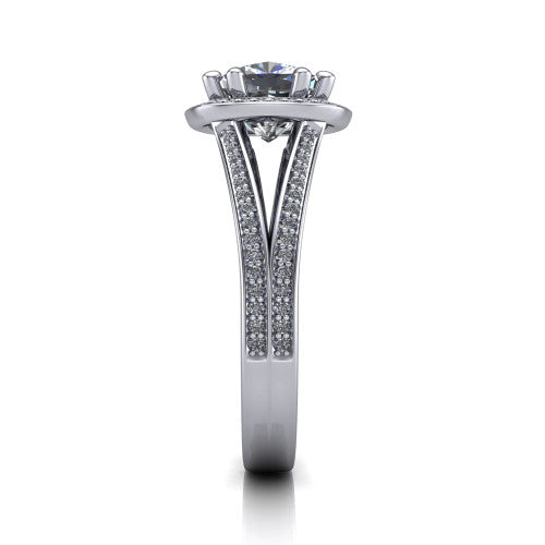 Lyra cushion halo engagement ring in 14K White Gold, side profile showing the squared halo head, pave split shank rails, and open under-gallery