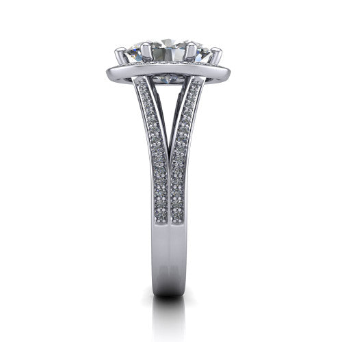 Lyra oval halo engagement ring in Platinum, side profile showing the squared halo head, pave split shank rails, and open under-gallery