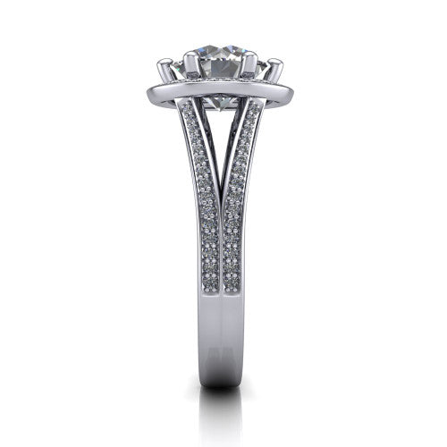 Lyra round halo engagement ring in 14K White Gold, side profile showing the squared halo head, pave split shank rails, and open under-gallery