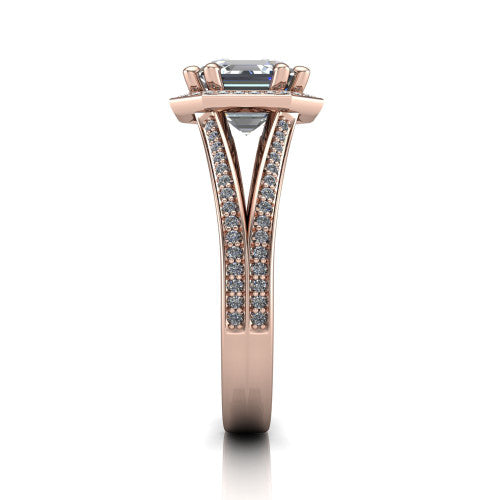 Lyra square emerald halo engagement ring in 18K Rose Gold, side profile showing the squared halo head, pave split shank rails, and open under-gallery