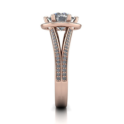 Lyra round halo engagement ring in 14K Rose Gold, side profile showing the squared halo head, pave split shank rails, and open under-gallery
