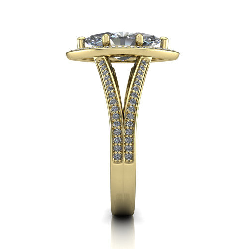 Lyra marquise halo engagement ring in 18K Yellow Gold, side profile showing the squared halo head, pave split shank rails, and open under-gallery