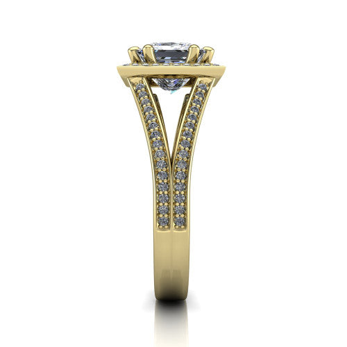 Lyra princess halo engagement ring in 18K Yellow Gold, side profile showing the squared halo head, pave split shank rails, and open under-gallery