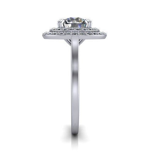 Gwendolyn round halo engagement ring in Platinum, side profile showing the double halo head, knife-edge shank, and cathedral gallery