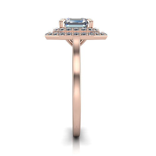 Gwendolyn square emerald halo engagement ring in 14K Rose Gold, side profile showing the double halo head, knife-edge shank, and cathedral gallery