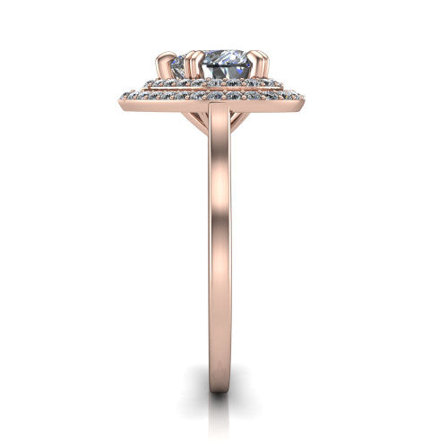 Gwendolyn heart halo engagement ring in 18K Rose Gold, side profile showing the double halo head, knife-edge shank, and cathedral gallery