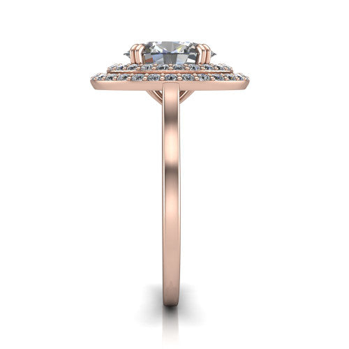 Gwendolyn oval halo engagement ring in 14K Rose Gold, side profile showing the double halo head, knife-edge shank, and cathedral gallery