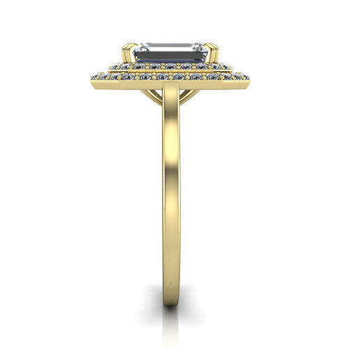 Gwendolyn emerald halo engagement ring in 14K Yellow Gold, side profile showing the double halo head, knife-edge shank, and cathedral gallery