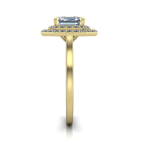 Gwendolyn square emerald halo engagement ring in 14K Yellow Gold, side profile showing the double halo head, knife-edge shank, and cathedral gallery