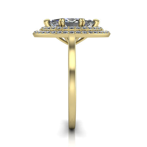 Gwendolyn marquise halo engagement ring in 14K Yellow Gold, side profile showing the double halo head, knife-edge shank, and cathedral gallery