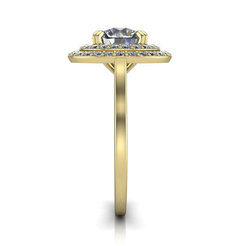 Gwendolyn round halo engagement ring in 14K Yellow Gold, side profile showing the double halo head, knife-edge shank, and cathedral gallery