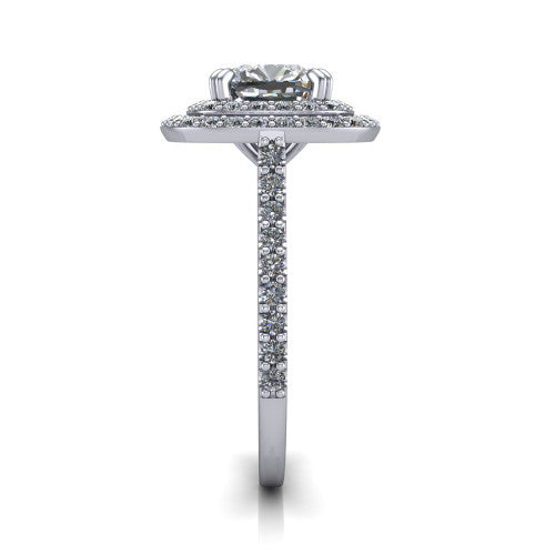 Trinity Cushion Shape Halo Engagement Ring in 18K White Gold