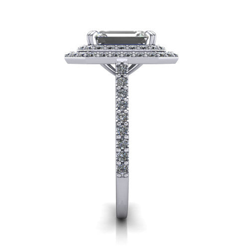 Trinity Emerald Shape Halo Engagement Ring in 14K White Gold