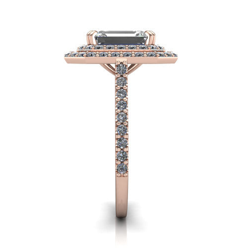 Trinity Emerald Shape Halo Engagement Ring in 14K Rose Gold