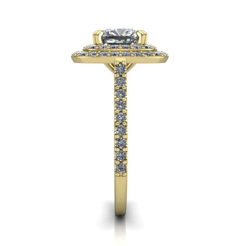Trinity Cushion Shape Halo Engagement Ring in 14K Yellow Gold