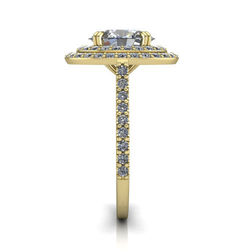 Trinity Oval Shape Halo Engagement Ring in 14K Yellow Gold