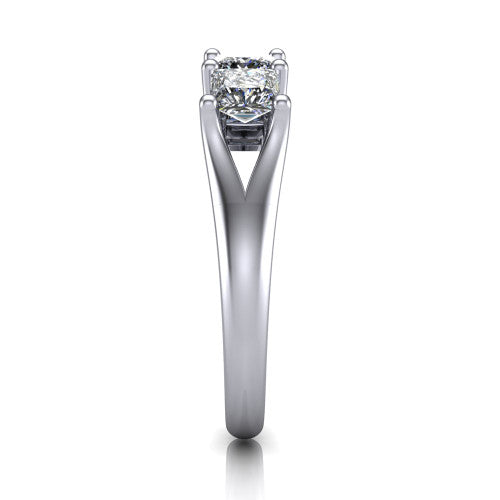 Holly princess five stone engagement ring in 18K White Gold, side profile showing the tapered cathedral shoulders, trellis gallery, and polished band