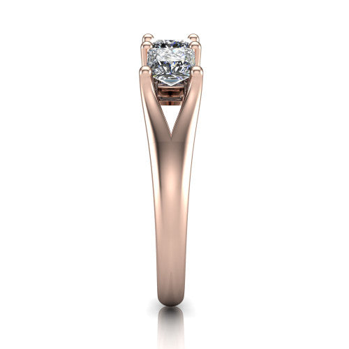 Holly princess five stone engagement ring in 18K Rose Gold, side profile showing the tapered cathedral shoulders, trellis gallery, and polished band