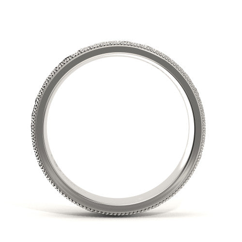 Unique men's wedding band in white gold with engraved scrollwork, double milgrain edges, and sparkling diamonds