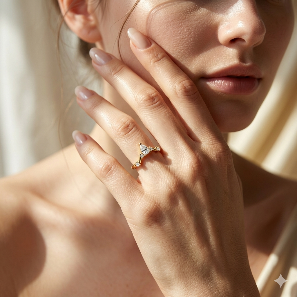 Monica - 14K Gold Pear-Cut Diamond Curved Wedding Ring 14K Yellow Gold - Natural Diamond